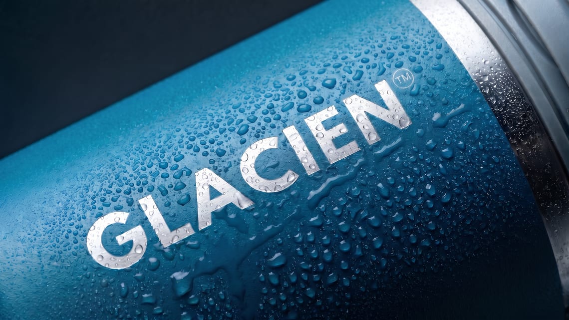 Cold condensation beading over the engraved GLACIEN mark