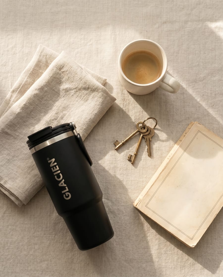 The DuoFlow Pro on a linen table with coffee and keys